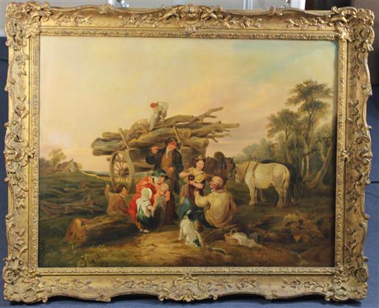 Follower of William Shayer (1787-1879) Loggers picnicing in landscape, 27 x 35.5in.
